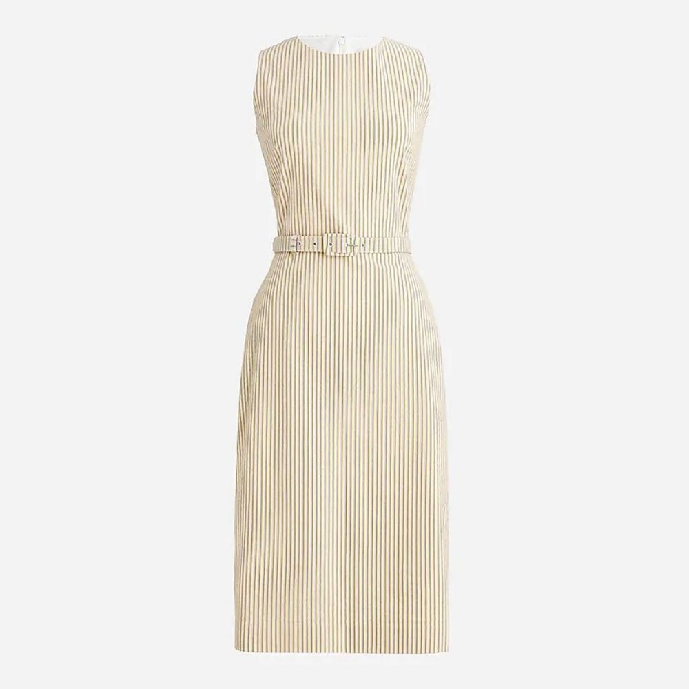 J Crew Belted Dress in Stretch Seersucker Saffron